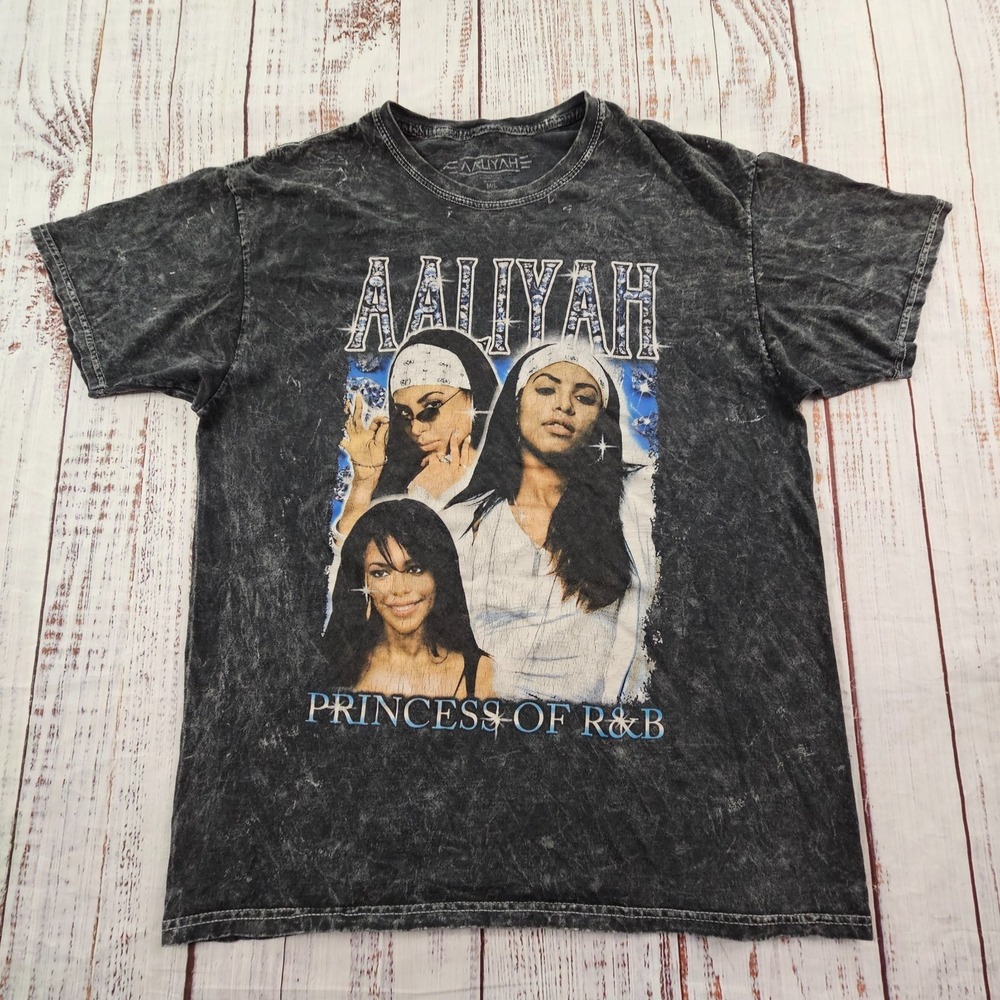 Aaliyah Princess of‎ R&B Black Acid Wash Short Sleeve Cotton T-Shirt Women's M/L